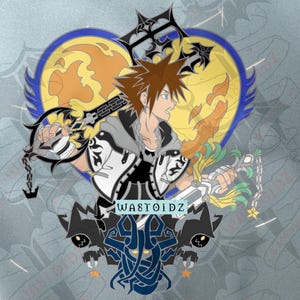 Puede incluir: Ilustración de un personaje de la serie de videojuegos Kingdom Hearts. El personaje sostiene dos armas keyblade, sobre un fondo en forma de corazón. La imagen incluye el texto "WASTOIDZ".