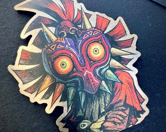 Calcomanía metálica de vinilo de 4" de Majora's Mask Skull Kid, Link Clock Town, Termina, OoT, ToTK, BoTW, Gamer Kingdom, Espada, Trifuerza, Ganon