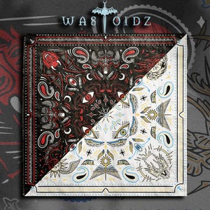 Puede incluir: Pañuelo cuadrado con un diseño simétrico detallado. Una mitad es negra con ilustraciones rojas y blancas, la otra mitad es blanca con ilustraciones azules y amarillas. El texto "WAS OIDZ" está en la parte superior. El fondo es gris oscuro.