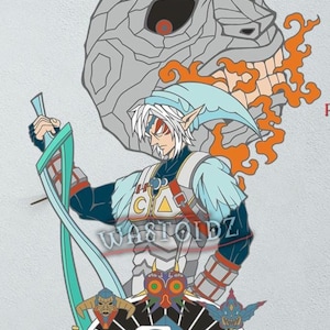 May include: Illustration of a character from a video game, holding a sword. The character has white hair, a blue hat, and armor. A large gray mask is above the character, with orange flames. The word "Final" is at the bottom.