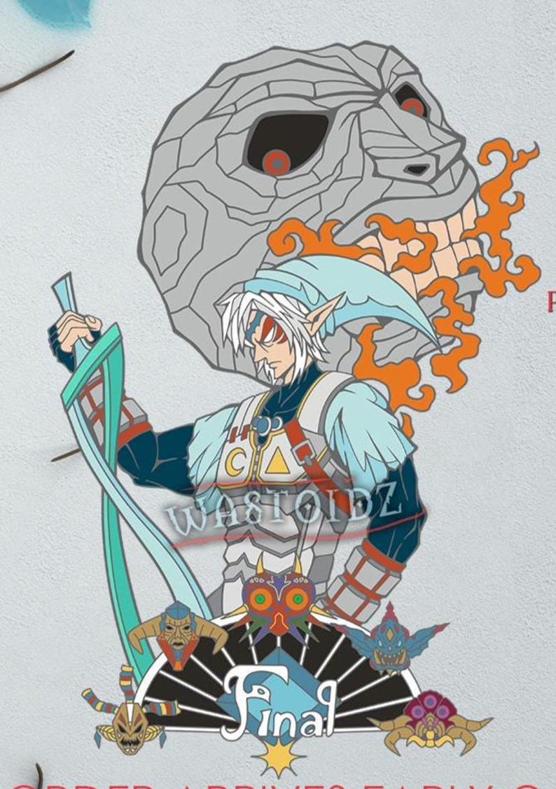 May include: Illustration of a character from a video game, holding a sword. The character has white hair, a blue hat, and armor. A large gray mask is above the character, with orange flames. The word "Final" is at the bottom.