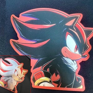 May include: A red and black illustration of Shadow the Hedgehog from the Sonic the Hedgehog video game series. Shadow is a black hedgehog with red eyes and a red stripe on his chest. He is standing on a red background.