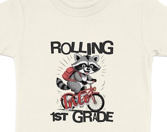 Back to School Raccoon T-Shirt: 1st Grade, Pre-K, Fun Bicycle Design