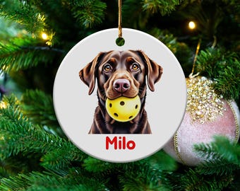 Personalized Pickleball Ornament, Chocolate Labrador Ornament, Custom Pet Gift, Pet Memorial Keepsake, Puppy Christmas, Animal Lover Gift