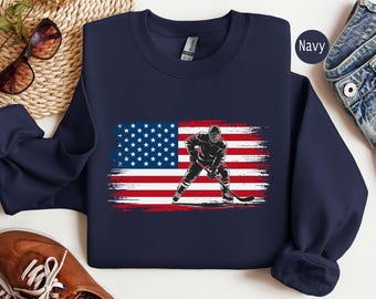Sudadera de hockey con la bandera estadounidense, Sudadera patriótica de hockey, Camiseta de jugador de hockey con la bandera de EE. UU., Regalo para fanáticos del deporte, Ropa para amantes del hockey