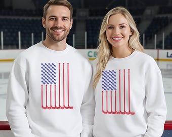 Sudadera de hockey con la bandera estadounidense, regalo patriótico para aficionados al hockey, ropa única de equipos de hockey sobre hielo, camiseta de hockey roja, blanca y azul.