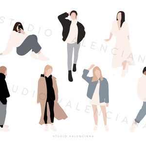 Könnte beinhalten: Illustration von sieben Personen in verschiedenen Outfits. Die Personen stehen und sitzen in verschiedenen Posen. Die Illustration ist im minimalistischen Stil mit gedeckten Farben gehalten.