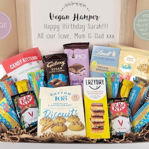 Panier à provisions personnalisé en chocolat végétalien, panier, cadeau, collations, bonbons, sans produits laitiers (options sans gluten, sans noix). Végétarien, Boîte de gâteries