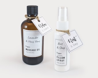 Vegan Massage Oil and Pillow Spray, Natural, Cruelty Free, Gift, Vegetarian, bath, relaxation, health, gift set, spa, birthday, lavender
