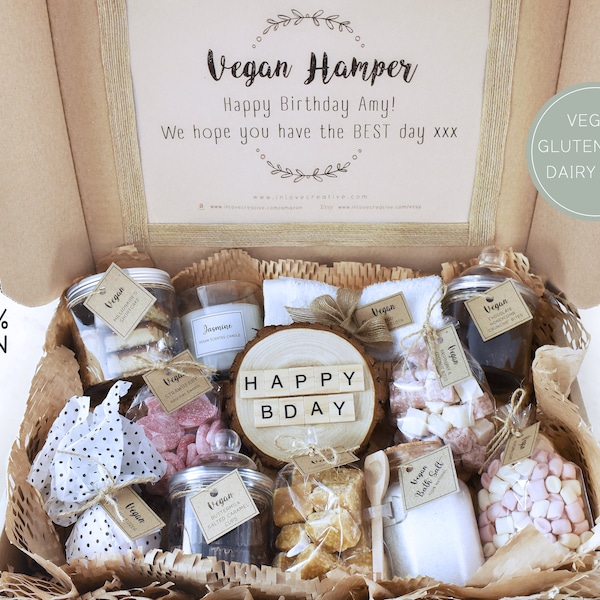 VEGAN Gift Box Hamper Personalise Food Basket Vegetarian Chocolate Snacks Sweets Gluten-Free Dairy-Free Nut-free Custom Message