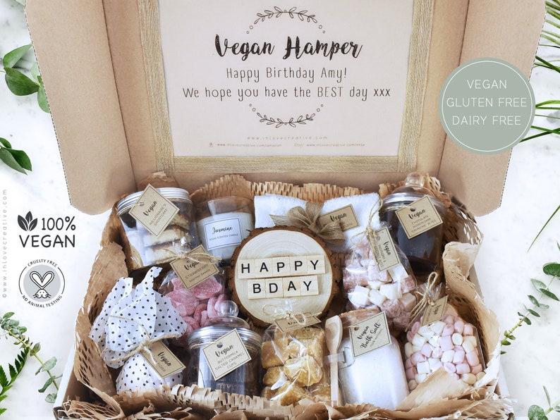 VEGAN Gift Box Hamper Personalise Food Basket Vegetarian Chocolate Snacks Sweets Gluten-Free Dairy-Free Nut-free Custom Message Large