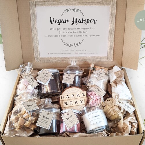 Vegan Hamper Personalise Gift Snack Box Basket Gluten-Free Chocolate Sweets Vegetarian Birthday Food Non-Dairy Treats Mothers Day Easter mum