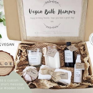 VEGAN Spa wellbeing Name Personalise Gift Treat Box Hamper Basket Bath Oil Candle Birthday Vegetarian Wellness Health Custom Message