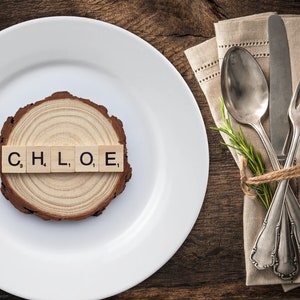 Keepsake / Table Name placeholder — Personalised Wooden Scrabble Name/word Wooden Slice – Party, Event, Decoration