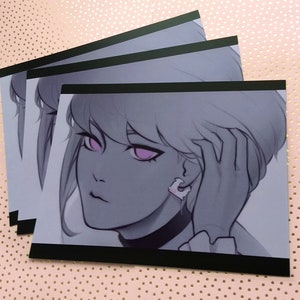 May include: A grayscale illustration of a person with short, gray hair. The person is wearing a white collared shirt and has a pink earring in their left ear. The background is a light gray.