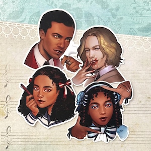 May include: A set of four die-cut stickers featuring illustrated portraits of characters. One shows a man in a red blazer, another a person with blood on their mouth, a third with dark curly hair and red bows, and the fourth with blue hair accessories.