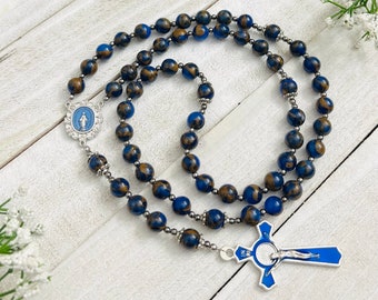 Blue Mosaic Quartz Personalized Rosary, Christmas gifts, First Communion gifts, Christening, rosary, Confirmation gifts, Catholic gifts