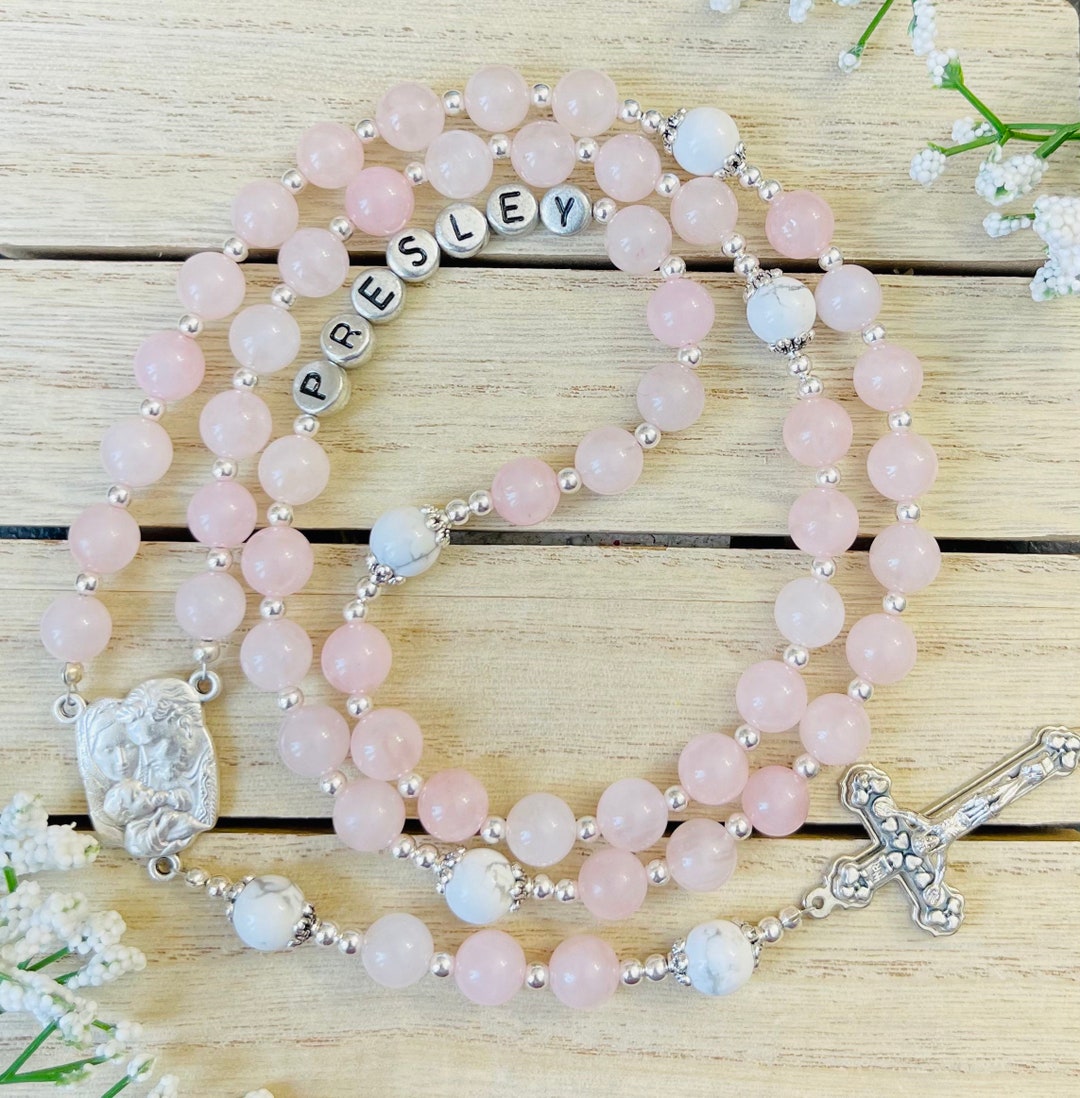 Rose Quartz and White Howlite Personalized Rosary, Confirmation Gifts