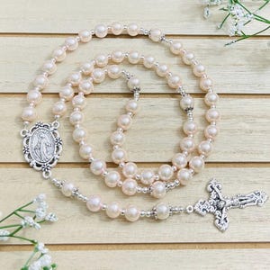 Creamrose Pearl Rosary, Miraculous Medal, Personalized Rosary, Filigree Crucifix, Catholic baptism gift, First Communion gifts, Christening