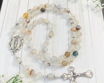 Matte Dendritic Montana Agate Gemstone Personalized Rosary, Mothers' Gifts, Christmas, First Communion, Confirmation, goddaughter, godmother