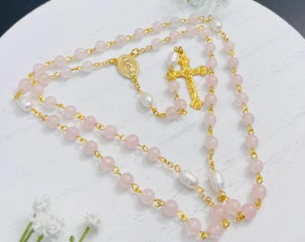 Personalized Rose Quartz Rosary: Gilt Accent, Freshwater Pearls