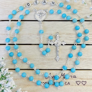 Matte Blue Howlite Turquoise  Gemstone Personalized Rosary Flowered Miraculous Medal Vine Crucifix Confirmation Communion Baptism Gift