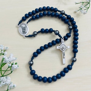 Saint Michael Navy Blue Wood Bead Personalized Rosary, Catholic Gifts Christening Gifts, Confirmation Gift, First Communion Gift, boy rosary