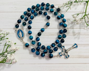 Peacock Blue Tiger eye Gemstone Personalized Rosary, Five decade Rosary, Catholic gifts, Confirmation gifts, Christmas gifts, Christening