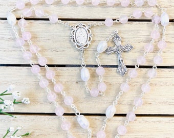 Rose quartz and Freshwater Pearl Personalized Rosary, Mother's Day gifts, Christmas gifts, First Communion gifts, Christening Baptism gifts