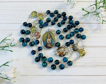 Small Aqua Blue Peacock Stones (6mm stones), Chaplet of Seven Sorrows of Blessed Virgin Mary, Our Lady of Sorrows Rosary beads Catholic gift