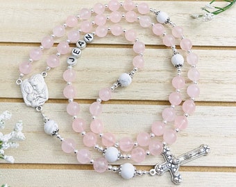 Rose quartz and White Howlite Personalized Rosary, Confirmation Gifts, First Communion Gifts, Baptism Gifts, Christening Gifts, Goddaughter