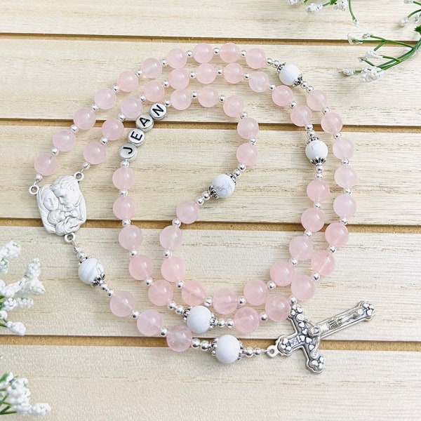 Rose quartz and White Howlite Personalized Rosary, Confirmation Gifts, First Communion Gifts, Baptism Gifts, Christening Gifts, Goddaughter