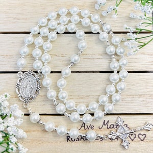 Personalized Rosary, Glass Pearl, White, Mothers’ Gifts, First Communion Gifts Confirmation Gifts, Baptism Gifts,Christening Catholic gifts