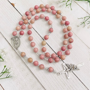 Saint Therese Rhodonite Personalized Rosary,  Catholic Gifts, Pink, Mother&#39;s gift, Christmas, goddaughter, godmother, First Communion Gifts