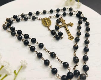 Personalized Golden Obsidian Rosary: Catholic First Communion Gift