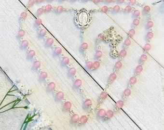 Pink Cats eye Personalized Rosary Catholic Gifts, Confirmation Gifts, First Communion Gifts, Baby Girl Baptism Gifts, goddaughter gifts