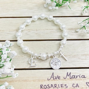 Rosary Bracelet, First Communion Baptism Confirmation Gifts,  Christening Gifts for Baby Girls, Goddaughter, Cream White 8mm Glass pearls