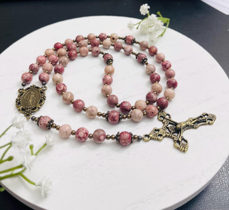 Saint Therese Rosary: Maifan Stone Beads, First Communion Gift image 5