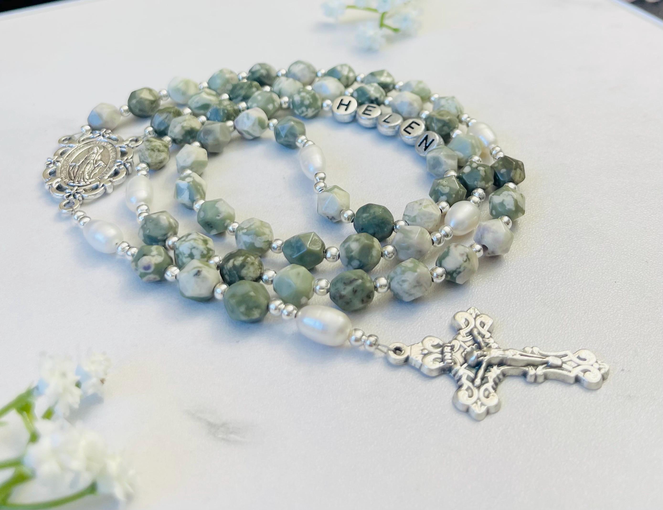 Green Lucky Stones, Star Cut Faceted Personalized Rosary, Mother's Day gifts, Christmas, First Communion gifts, Christening Baptism gifts