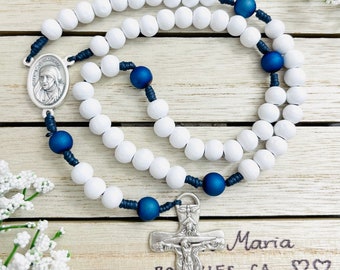 Mother Teresa Personalized Rosary, White and Blue Wood bead rosary, Confirmation gifts, First Communion gifts, Baptism gifts, Christening