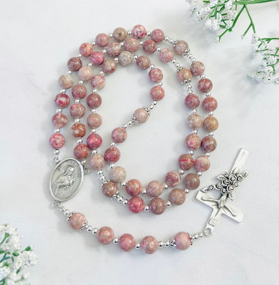 Saint Therese Rosary: Maifan Stone Beads, First Communion Gift