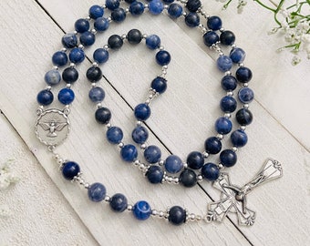 Blue Sodalite Personalized Rosary, Confirmation gifts, the Holy Spirit, Saint Michael, Rosary for boys, Rosary for men, First Communion gift