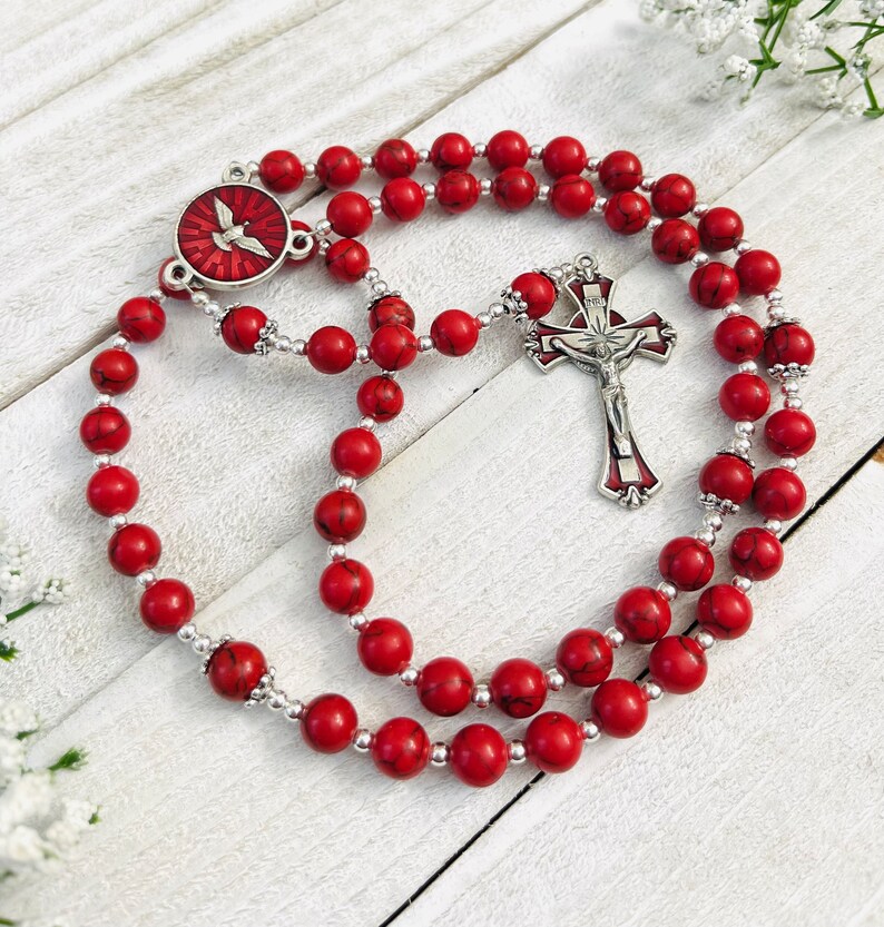 Red Turquoise Rosary, Holy Spirit Centerpiece, Catholic Confirmation ...