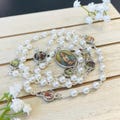 Seven Sorrows Rosary: White Glass Pearls, Our Lady Medal Chaplet