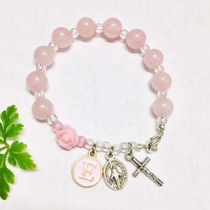 Rose Quart Personalized Rosary Bracelet, Christening Baptism, First Communion Confirmation Catholic gifts, Baby girl, girls, women bracelets