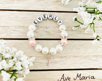 Personalized Bracelet First Communion Baptism Confirmation Christening Gifts White Pink Gift for Baby Girl Goddaughter Niece Christmas gifts