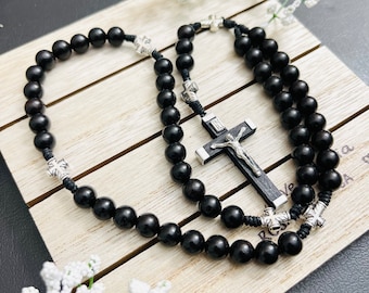 Ebony Black Wood Bead Rosary Catholic Gifts, Personalized Confirmation Gifts Baptism Christening First Communion Gifts for boy, Chapelet