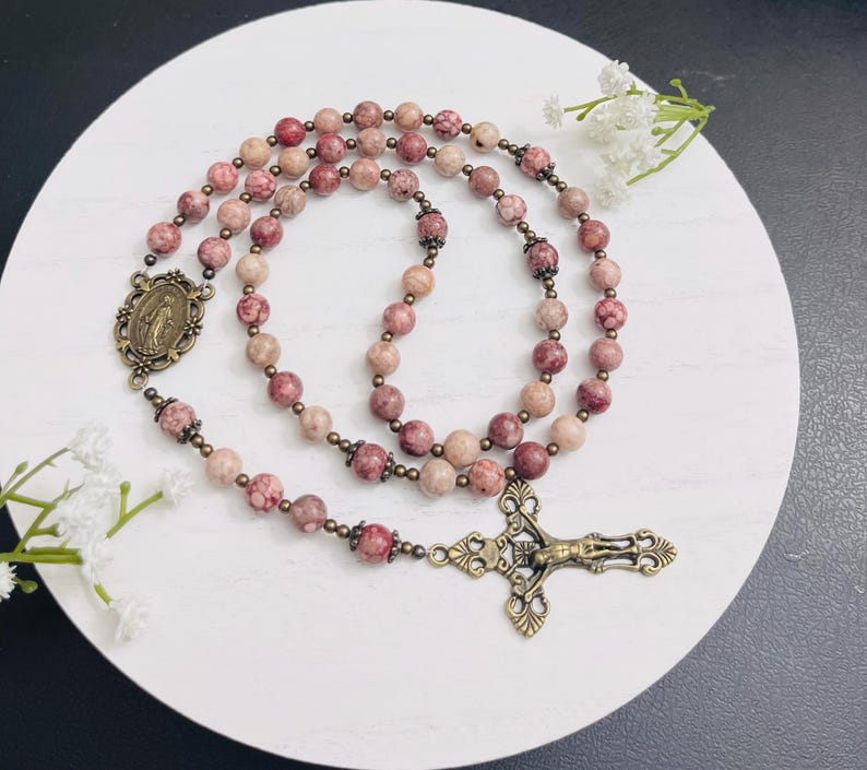 Saint Therese Rosary: Maifan Stone Beads, First Communion Gift Brass