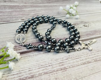 Black Hematite Rosary: Personalized Catholic Gift with Saint Benedict Crucifix