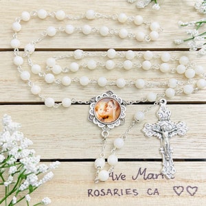 Mother of Pearl Personalized Rosary, Stone beads, Catholic Gifts, Christmas gifts, rosary, Mother, goddaughter, First Communion, White